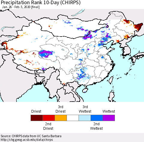 China and Taiwan Precipitation Rank 10-Day (CHIRPS) Thematic Map For 1/26/2020 - 2/5/2020
