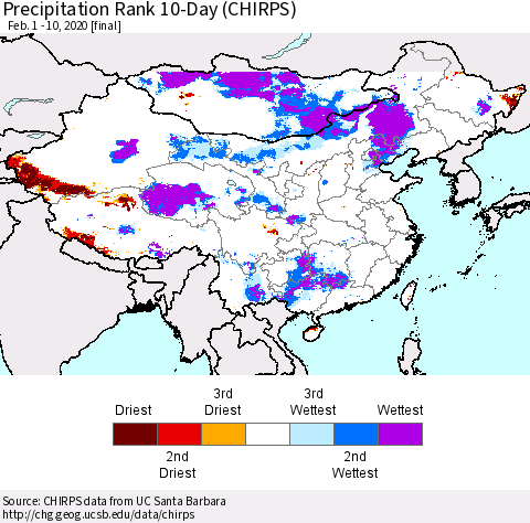 China and Taiwan Precipitation Rank 10-Day (CHIRPS) Thematic Map For 2/1/2020 - 2/10/2020