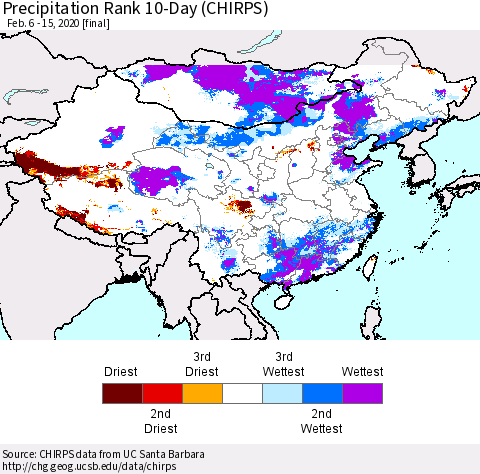 China and Taiwan Precipitation Rank 10-Day (CHIRPS) Thematic Map For 2/6/2020 - 2/15/2020