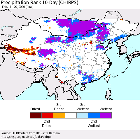 China and Taiwan Precipitation Rank 10-Day (CHIRPS) Thematic Map For 2/11/2020 - 2/20/2020