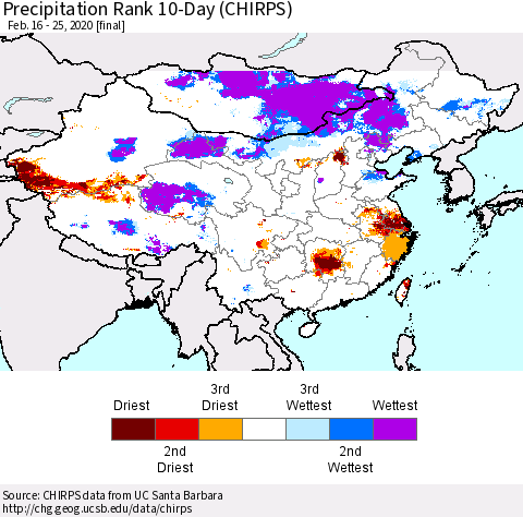 China, Mongolia and Taiwan Precipitation Rank since 1981, 10-Day (CHIRPS) Thematic Map For 2/16/2020 - 2/25/2020