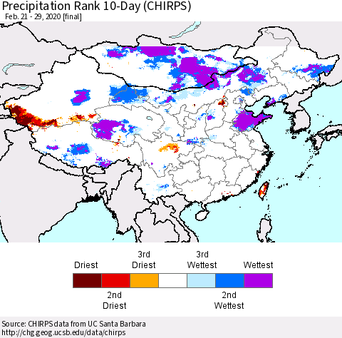 China, Mongolia and Taiwan Precipitation Rank since 1981, 10-Day (CHIRPS) Thematic Map For 2/21/2020 - 2/29/2020