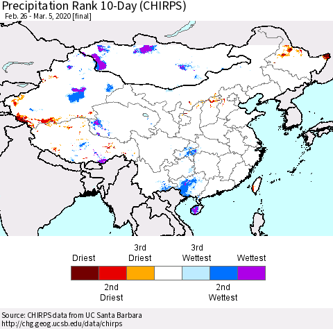 China and Taiwan Precipitation Rank 10-Day (CHIRPS) Thematic Map For 2/26/2020 - 3/5/2020