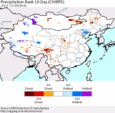 China, Mongolia and Taiwan Precipitation Rank since 1981, 10-Day (CHIRPS) Thematic Map For 3/6/2020 - 3/15/2020