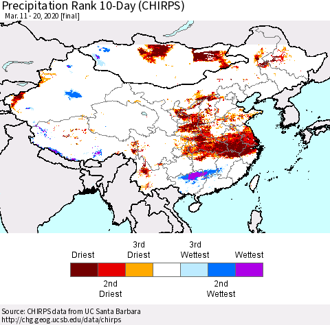 China and Taiwan Precipitation Rank 10-Day (CHIRPS) Thematic Map For 3/11/2020 - 3/20/2020