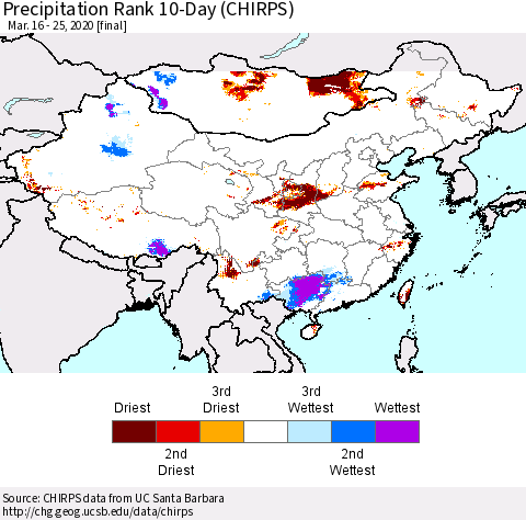 China and Taiwan Precipitation Rank 10-Day (CHIRPS) Thematic Map For 3/16/2020 - 3/25/2020