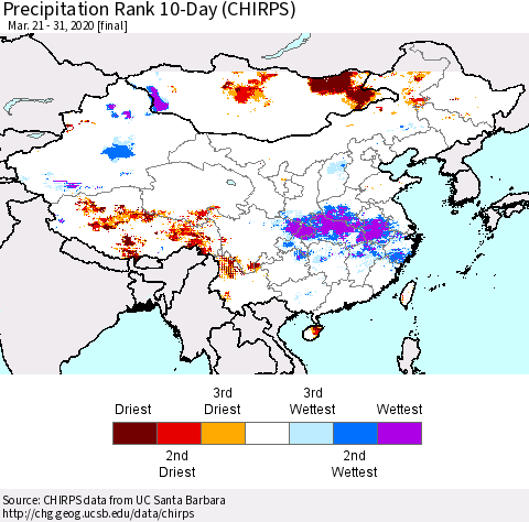 China and Taiwan Precipitation Rank 10-Day (CHIRPS) Thematic Map For 3/21/2020 - 3/31/2020