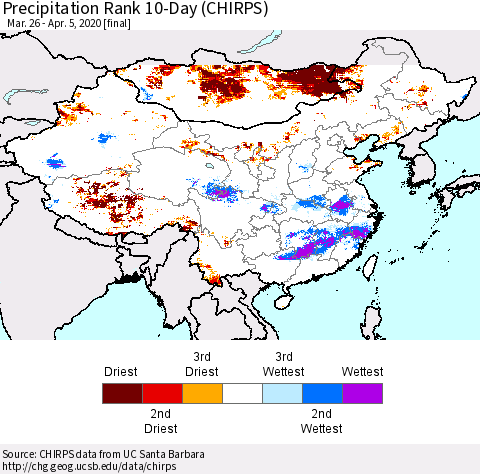 China and Taiwan Precipitation Rank 10-Day (CHIRPS) Thematic Map For 3/26/2020 - 4/5/2020