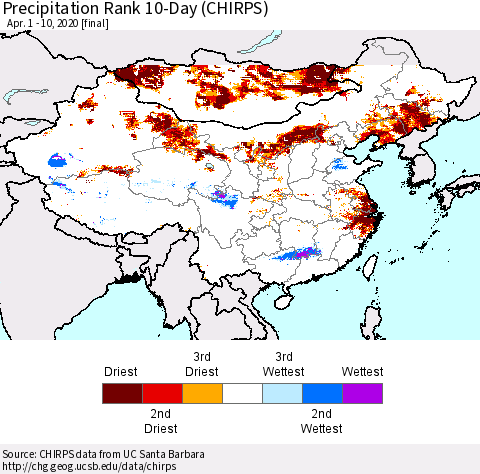 China and Taiwan Precipitation Rank 10-Day (CHIRPS) Thematic Map For 4/1/2020 - 4/10/2020