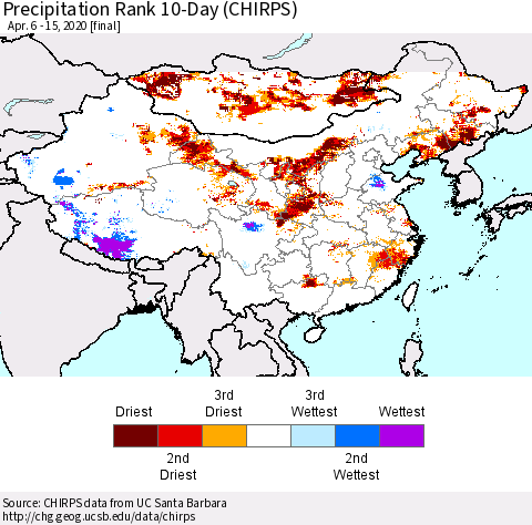 China and Taiwan Precipitation Rank 10-Day (CHIRPS) Thematic Map For 4/6/2020 - 4/15/2020