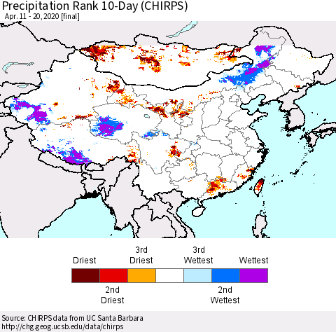 China and Taiwan Precipitation Rank 10-Day (CHIRPS) Thematic Map For 4/11/2020 - 4/20/2020