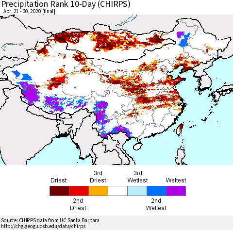 China and Taiwan Precipitation Rank 10-Day (CHIRPS) Thematic Map For 4/21/2020 - 4/30/2020