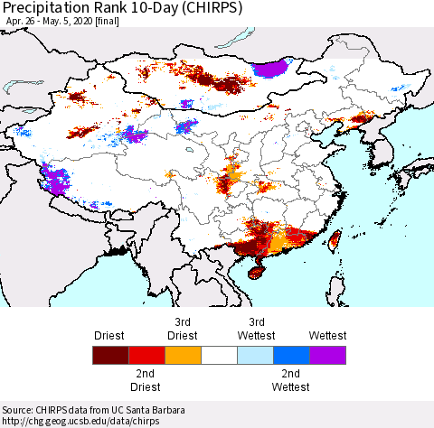 China and Taiwan Precipitation Rank 10-Day (CHIRPS) Thematic Map For 4/26/2020 - 5/5/2020