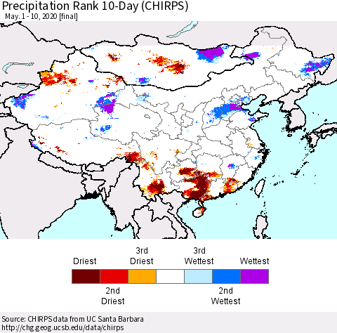 China and Taiwan Precipitation Rank 10-Day (CHIRPS) Thematic Map For 5/1/2020 - 5/10/2020