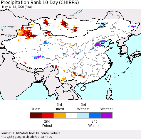 China and Taiwan Precipitation Rank 10-Day (CHIRPS) Thematic Map For 5/6/2020 - 5/15/2020