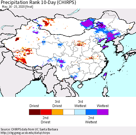 China, Mongolia and Taiwan Precipitation Rank since 1981, 10-Day (CHIRPS) Thematic Map For 5/16/2020 - 5/25/2020