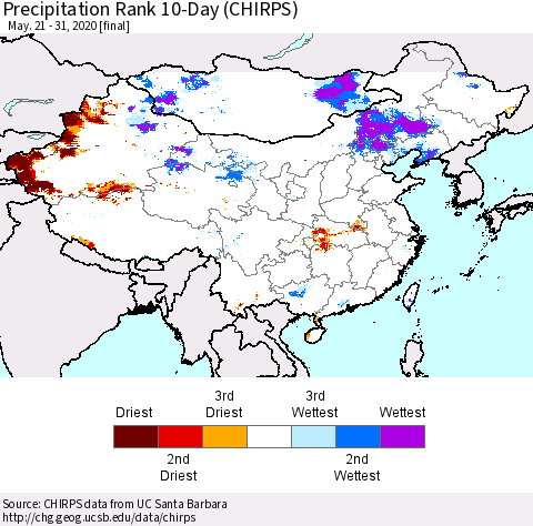China and Taiwan Precipitation Rank 10-Day (CHIRPS) Thematic Map For 5/21/2020 - 5/31/2020