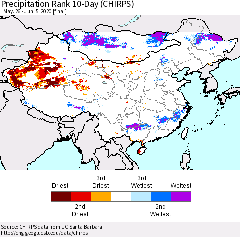 China and Taiwan Precipitation Rank 10-Day (CHIRPS) Thematic Map For 5/26/2020 - 6/5/2020