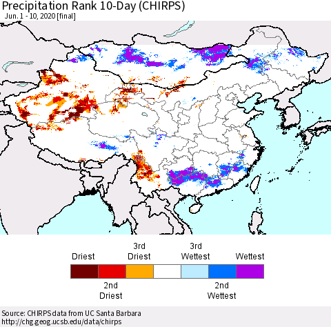 China and Taiwan Precipitation Rank 10-Day (CHIRPS) Thematic Map For 6/1/2020 - 6/10/2020
