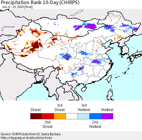 China and Taiwan Precipitation Rank 10-Day (CHIRPS) Thematic Map For 6/6/2020 - 6/15/2020