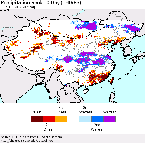 China, Mongolia and Taiwan Precipitation Rank since 1981, 10-Day (CHIRPS) Thematic Map For 6/11/2020 - 6/20/2020