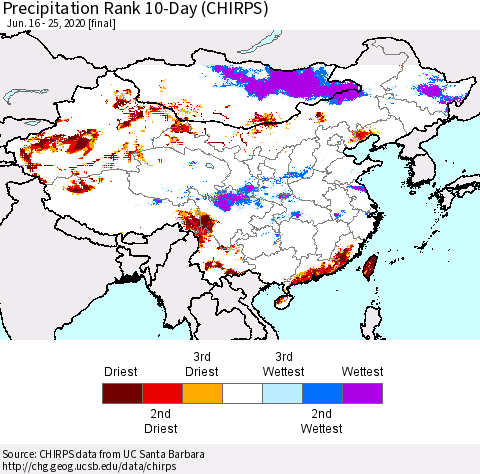 China and Taiwan Precipitation Rank 10-Day (CHIRPS) Thematic Map For 6/16/2020 - 6/25/2020