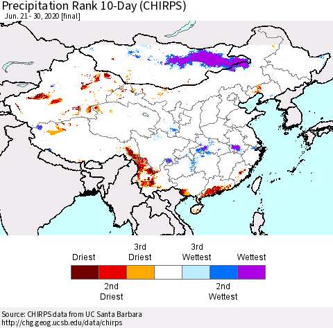 China and Taiwan Precipitation Rank 10-Day (CHIRPS) Thematic Map For 6/21/2020 - 6/30/2020