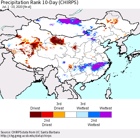 China, Mongolia and Taiwan Precipitation Rank since 1981, 10-Day (CHIRPS) Thematic Map For 7/1/2020 - 7/10/2020