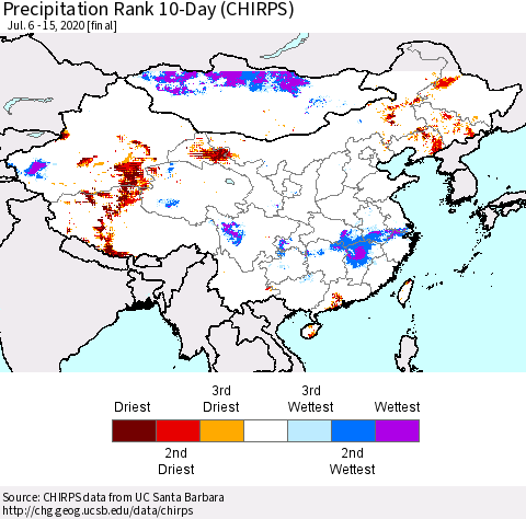 China, Mongolia and Taiwan Precipitation Rank since 1981, 10-Day (CHIRPS) Thematic Map For 7/6/2020 - 7/15/2020