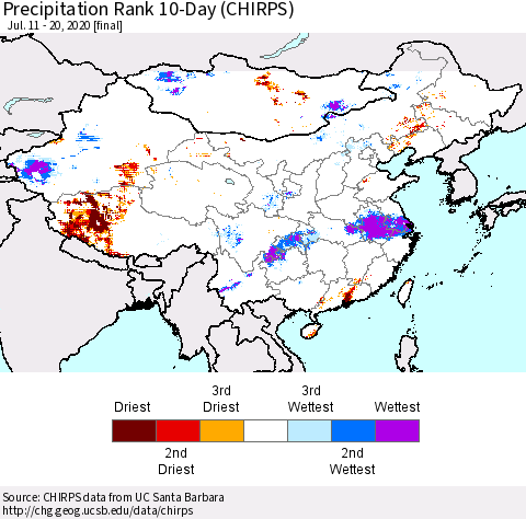 China, Mongolia and Taiwan Precipitation Rank since 1981, 10-Day (CHIRPS) Thematic Map For 7/11/2020 - 7/20/2020