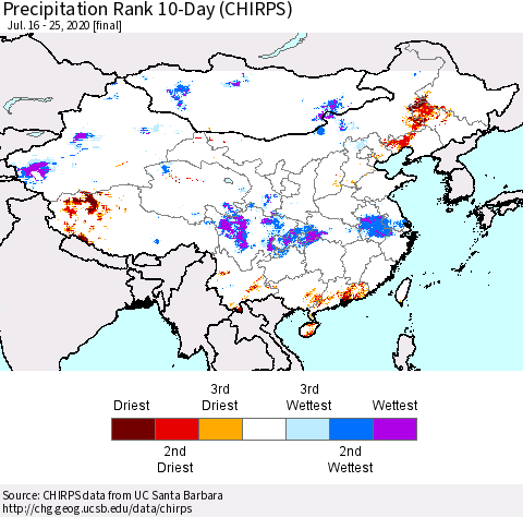 China, Mongolia and Taiwan Precipitation Rank since 1981, 10-Day (CHIRPS) Thematic Map For 7/16/2020 - 7/25/2020