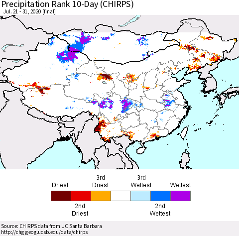 China, Mongolia and Taiwan Precipitation Rank since 1981, 10-Day (CHIRPS) Thematic Map For 7/21/2020 - 7/31/2020