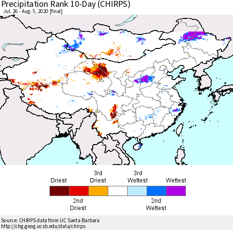China, Mongolia and Taiwan Precipitation Rank since 1981, 10-Day (CHIRPS) Thematic Map For 7/26/2020 - 8/5/2020
