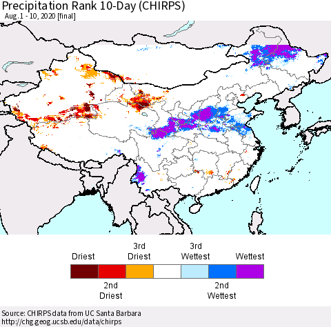 China, Mongolia and Taiwan Precipitation Rank since 1981, 10-Day (CHIRPS) Thematic Map For 8/1/2020 - 8/10/2020
