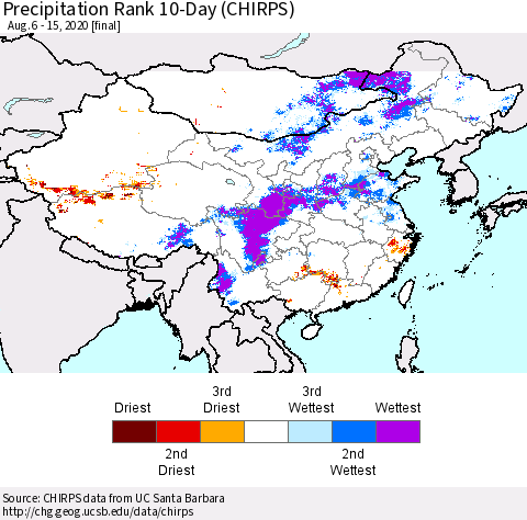 China, Mongolia and Taiwan Precipitation Rank since 1981, 10-Day (CHIRPS) Thematic Map For 8/6/2020 - 8/15/2020