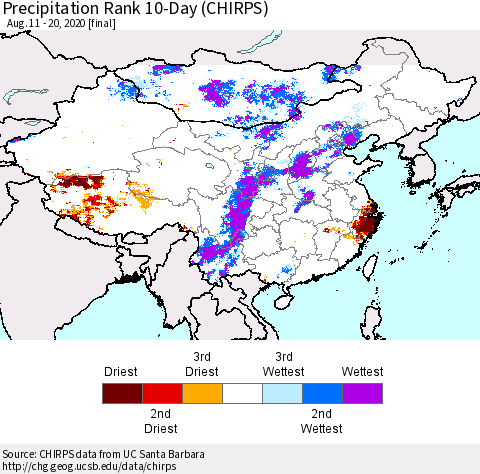 China, Mongolia and Taiwan Precipitation Rank since 1981, 10-Day (CHIRPS) Thematic Map For 8/11/2020 - 8/20/2020
