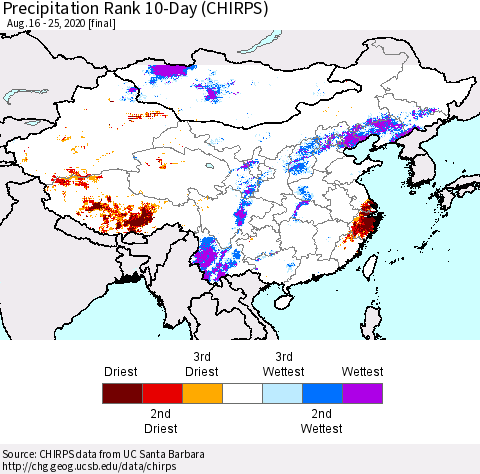 China, Mongolia and Taiwan Precipitation Rank since 1981, 10-Day (CHIRPS) Thematic Map For 8/16/2020 - 8/25/2020