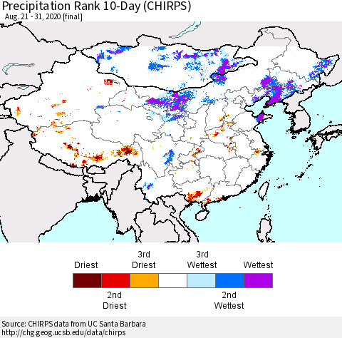 China, Mongolia and Taiwan Precipitation Rank since 1981, 10-Day (CHIRPS) Thematic Map For 8/21/2020 - 8/31/2020