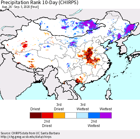 China, Mongolia and Taiwan Precipitation Rank since 1981, 10-Day (CHIRPS) Thematic Map For 8/26/2020 - 9/5/2020