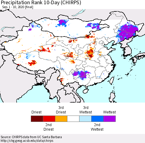 China, Mongolia and Taiwan Precipitation Rank since 1981, 10-Day (CHIRPS) Thematic Map For 9/1/2020 - 9/10/2020