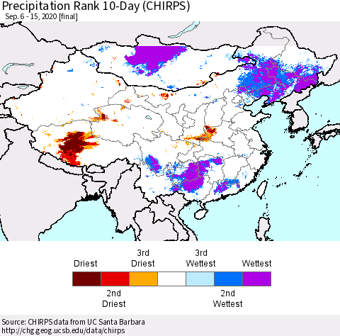 China, Mongolia and Taiwan Precipitation Rank since 1981, 10-Day (CHIRPS) Thematic Map For 9/6/2020 - 9/15/2020