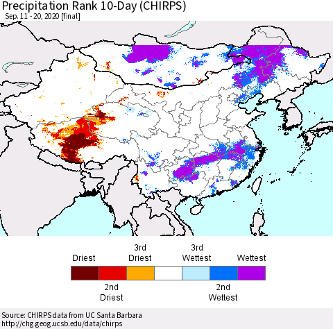 China, Mongolia and Taiwan Precipitation Rank since 1981, 10-Day (CHIRPS) Thematic Map For 9/11/2020 - 9/20/2020