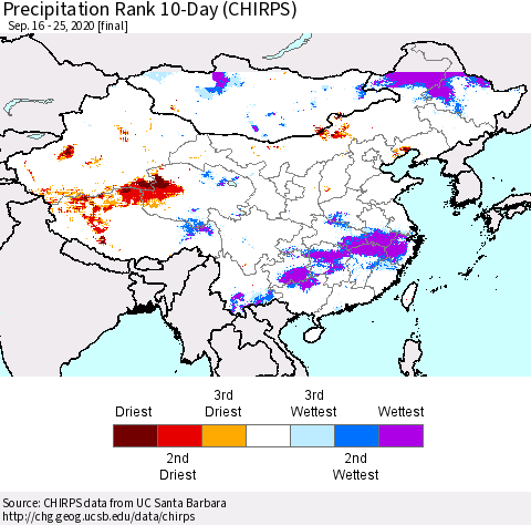 China, Mongolia and Taiwan Precipitation Rank since 1981, 10-Day (CHIRPS) Thematic Map For 9/16/2020 - 9/25/2020