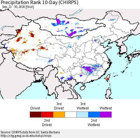 China, Mongolia and Taiwan Precipitation Rank since 1981, 10-Day (CHIRPS) Thematic Map For 9/21/2020 - 9/30/2020