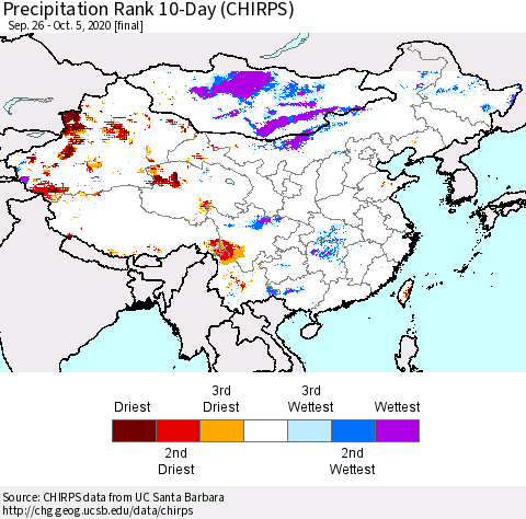 China, Mongolia and Taiwan Precipitation Rank since 1981, 10-Day (CHIRPS) Thematic Map For 9/26/2020 - 10/5/2020