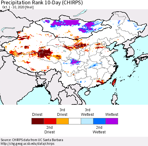 China, Mongolia and Taiwan Precipitation Rank since 1981, 10-Day (CHIRPS) Thematic Map For 10/1/2020 - 10/10/2020