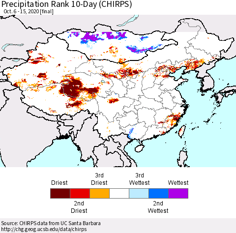 China, Mongolia and Taiwan Precipitation Rank since 1981, 10-Day (CHIRPS) Thematic Map For 10/6/2020 - 10/15/2020