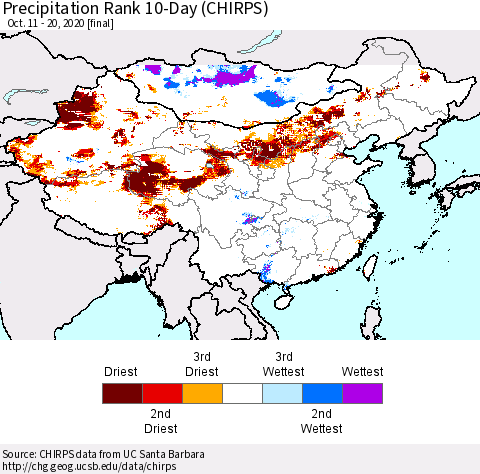 China, Mongolia and Taiwan Precipitation Rank since 1981, 10-Day (CHIRPS) Thematic Map For 10/11/2020 - 10/20/2020