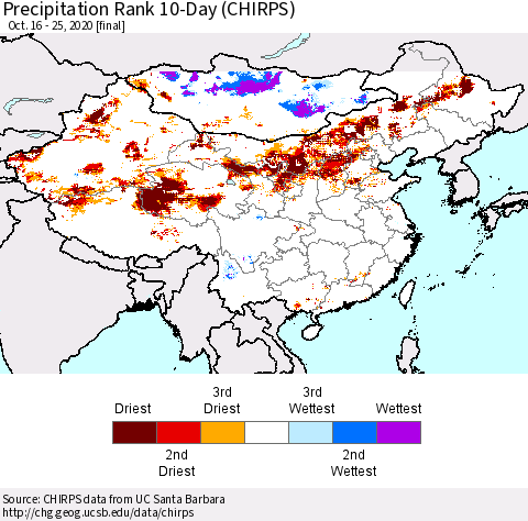 China, Mongolia and Taiwan Precipitation Rank since 1981, 10-Day (CHIRPS) Thematic Map For 10/16/2020 - 10/25/2020