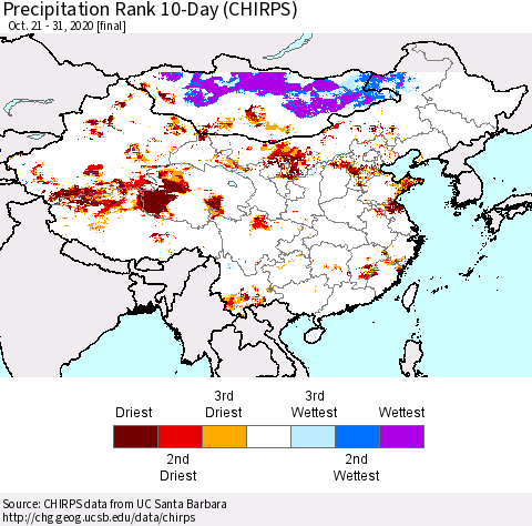 China, Mongolia and Taiwan Precipitation Rank since 1981, 10-Day (CHIRPS) Thematic Map For 10/21/2020 - 10/31/2020